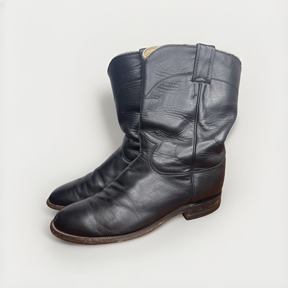 Justin Cowboy Boots Roper Mens 9 D Black Leather Western Cowboy USA Vintage